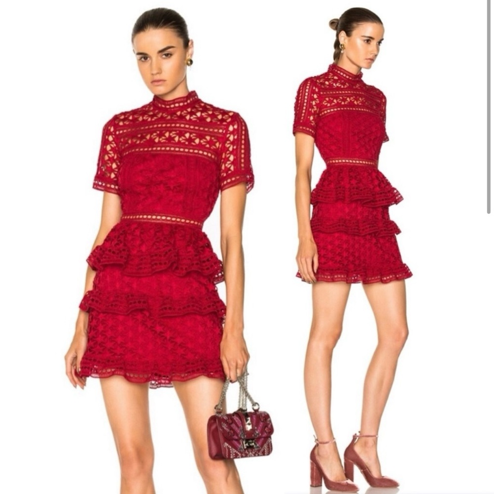 Self Portrait Holiday Mini Red Lace Dress size M LIKE NEW